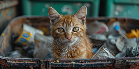 A curious cat sitting in a trash bin, surrounded by discarded items in an urban setting