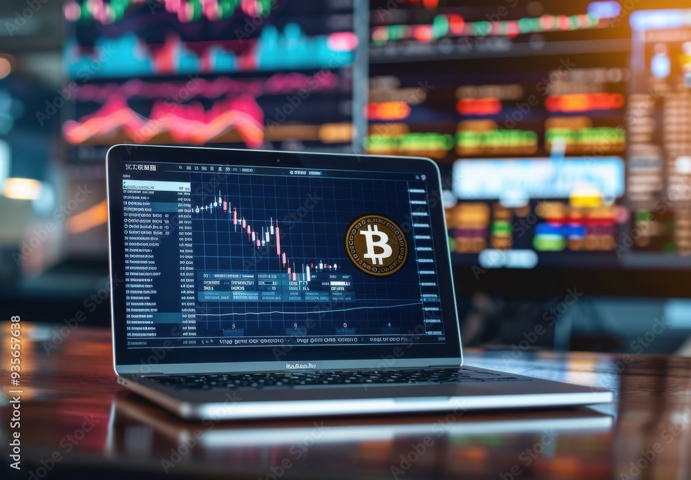 Poster laptop with a bitcoin trading chart on the screen and a stock market background. bitcoin mining, a d