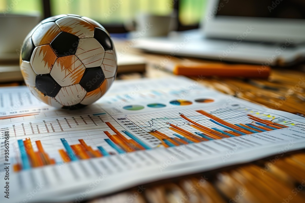 Poster a soccer ball sits on top of a stack of papers with graphs and numbers