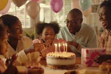 A joyful family birthday celebration at home. The family is gathered around a table with a birthday cake, balloons, and presents. The birthday person is blowing out candles while everyone sings