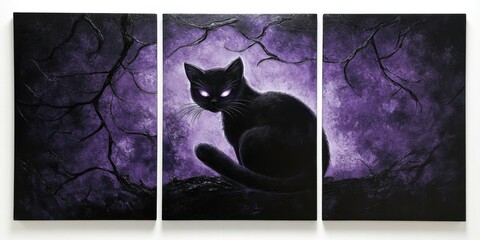 Set of 3 wall art panels with 3D wall carved art of a black cat with arched back and glowing eyes on a dark purple background, close up, split into three on white background, wall sculpture art style