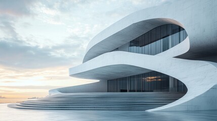 Fototapeta premium This striking architectural marvel showcases smooth, flowing lines that harmonize with its surroundings during the twilight hours, inviting wonder and admiration