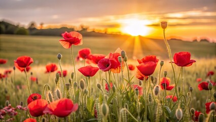 Vibrant red poppy flowers sway gently in a serene landscape as the sun dips low on the horizon, casting a warm golden glow over the field.