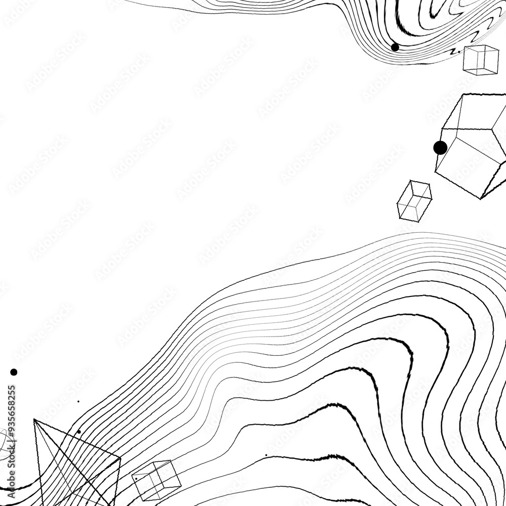Poster black wireframe wave with geometric shapes background design element