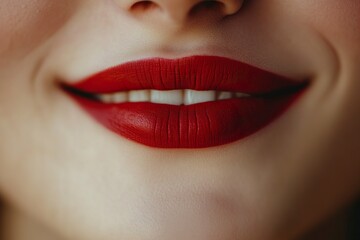 Obraz premium Human smiling mouth and nose. Closeup macro portrait of female part of face. Woman red lips with day beauty makeup. generative ai