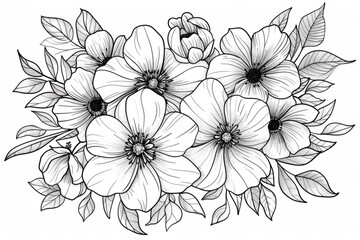 Obraz premium Black and white floral bouquet with various flowers and leaves. Line art illustration isolated on white background. Botanical design for greeting card, invitation, poster, and print. Generative AI