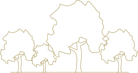 Vector sketch, silhouette illustration, detailed drawing design, collection of abstract unique simple trees in the forest with lots of leaves and twigs for greenery