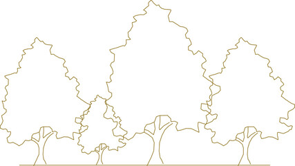 Vector sketch, silhouette illustration, detailed drawing design, collection of abstract unique simple trees in the forest with lots of leaves and twigs for greenery