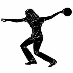 isolated illustration of woman playing bowling . black and white drawing, white background