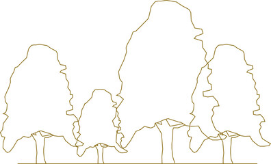 Vector sketch, silhouette illustration, detailed drawing design, collection of abstract unique simple trees in the forest with lots of leaves and twigs for greenery