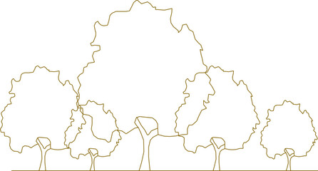 Vector sketch, silhouette illustration, detailed drawing design, collection of abstract unique simple trees in the forest with lots of leaves and twigs for greenery