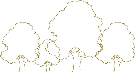 Vector sketch, silhouette illustration, detailed drawing design, collection of abstract unique simple trees in the forest with lots of leaves and twigs for greenery