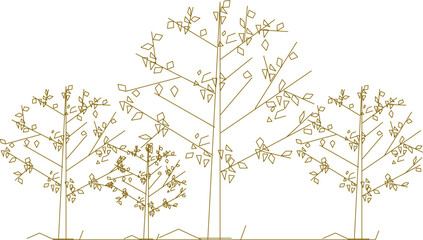 Vector sketch, silhouette illustration, detailed drawing design, collection of abstract unique trees in the forest with lots of branches for greenery