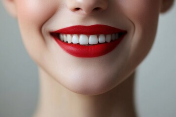 Fototapeta premium Human smiling mouth and nose. Closeup macro portrait of female part of face. Woman red lips with day beauty makeup. generative ai