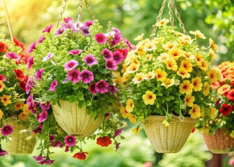 Vibrant hanging baskets overflowing with a kaleidoscope of blooming flowers in shades of pink, yellow, orange, and purple, suspended against a soft, sunny background.