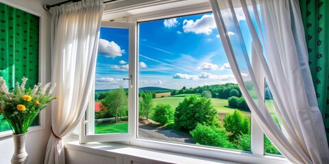 Serene summer scene through an open window with flowing white curtains, showcasing a vibrant green landscape and brilliant blue sky, exuding warmth and tranquility.