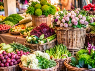 Vibrant colors abound in this lively green market scene, with an array of fresh produce and flowers on display, surrounded by woven baskets and natural textures.