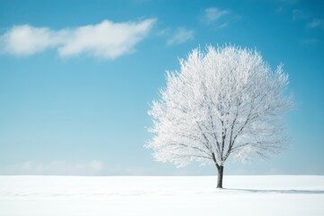 aesthetic photo of alone tree covered with snow stands against the backdrop of a blue sky