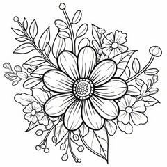 Black and white floral arrangement with large flower and leaves. Line art illustration isolated on white background. Botanical design for greeting card, invitation, poster, and print. Generative AI
