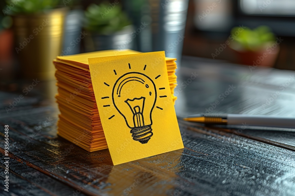 Poster a stack of yellow sticky notes with a light bulb drawn on them