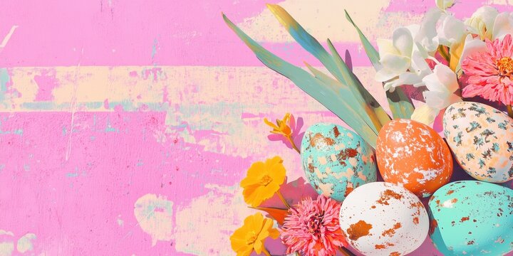 Easter background with bright vibrant colors with dyed eggs and spring flowers on vintage shabby pink background in collage style. Banner, postcard with copy space for Easter theme, farm products pack