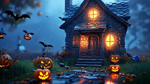 Halloween scene, Halloween night decorative with bat and moon background. seamless looping time-lapse virtual video animation background. Scary horror mansion with spooky Jack-o-lantern