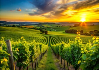 Fototapeta premium Golden hour illuminates a serene vineyard landscape, with lush green vines stretching towards the horizon, set against a warm orange and pink sunset sky.