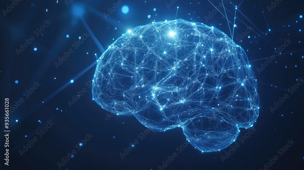 Poster an abstract human brain with glowing connections, representing ai and deep learning, with room for t