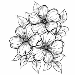 Black and white floral bouquet with three large flowers and leaves. Line art illustration isolated on white background. Botanical design for greeting card, invitation, poster, and print. Generative AI