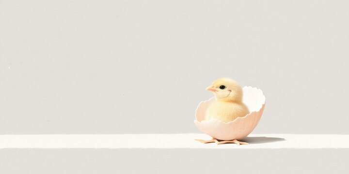 Small yellow chicken in shell on light background. Minimalistic postcard, banner with copy space, easter concept.