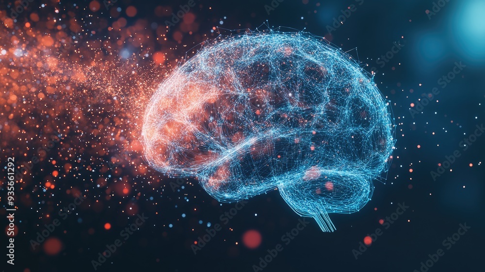 Fototapete an abstract brain formed by flowing lines and particles, representing ai, with room for text beside 