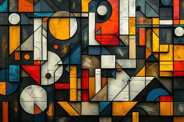 A colorful abstract painting with many shapes and squares