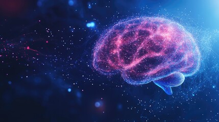 An abstract brain formed by flowing lines and particles, representing AI, with room for text beside it.