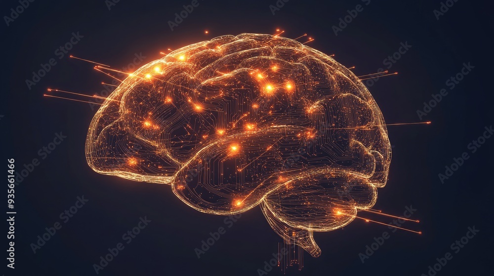 Poster an abstract human brain with circuits and light trails, symbolizing ai technology, with ample room f