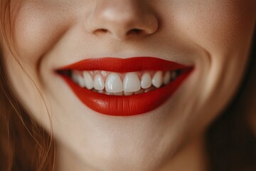 Human smiling mouth and nose. Closeup macro portrait of female part of face. Woman red lips with day beauty makeup. generative ai