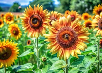Obraz premium Vibrant yellow sunflowers stand tall in a lush green field, surrounded by a few busy bees flying from bloom to bloom, capturing summer's essence.