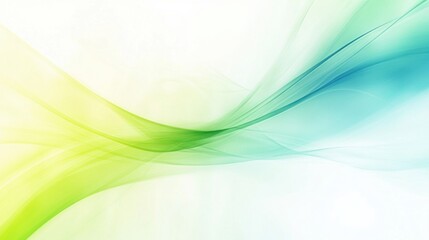A soothing abstract image featuring flowing green and blue waves on a gradient white background.