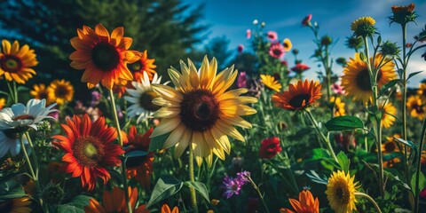 Vibrant colorful blooms of sunflowers daisies and cosmos sway gently in the warm breeze against a soft focus bright sunny summer sky background.