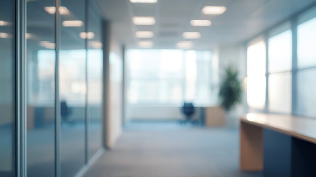 Modern office interior with blurred perspective and natural lighting during daytime work hours