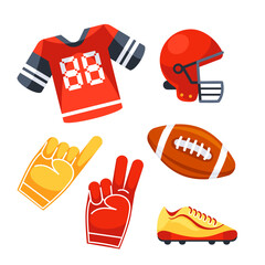 American football fan gear set with a helmet, jersey, foam fingers, and cleats, perfect for representing the sport and showing team spirit