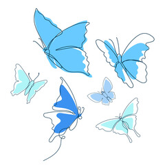 Flying butterfly png sticker, baby blue line art clipart set
