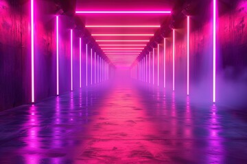 Fototapeta premium Ultraviolet abstract light. Light tunnel and laser lines. Violet and pink gradient. Modern background, neon light. Empty stage, spotlights, neon. Abstract light