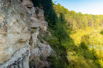 A steep cliff with trees and a river flowing in the background