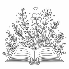 Black and white illustration of an open book with flowers and leaves growing out of it. Line art drawing isolated on white background. Generative AI