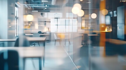 Modern office interior with blurred background and empty workstations during the daytime