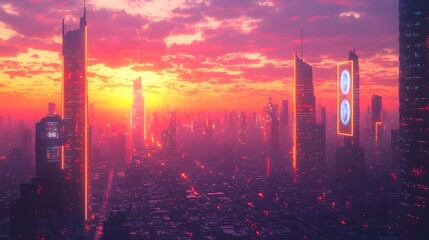 Fototapeta premium Futuristic Cityscape at Sunset in Vibrant Digital