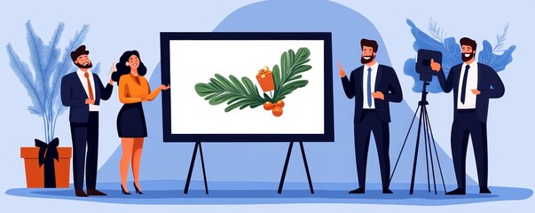 Business presentation with team members discussing a nature-themed project shown on a large screen in a professional setting.