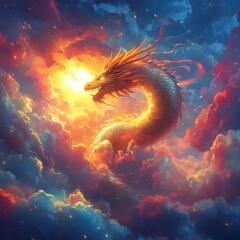 Radiant Golden Dragon Soaring Through Vibrant Celestial Clouds