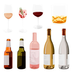 Alcoholic drink png sticker, bottle and glass set, beverage illustration design