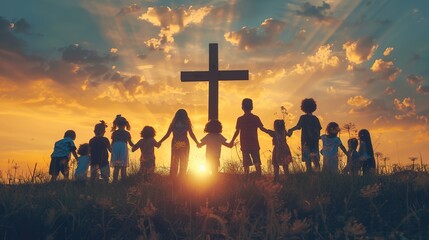 Children holding hands in front of a cross during sunset